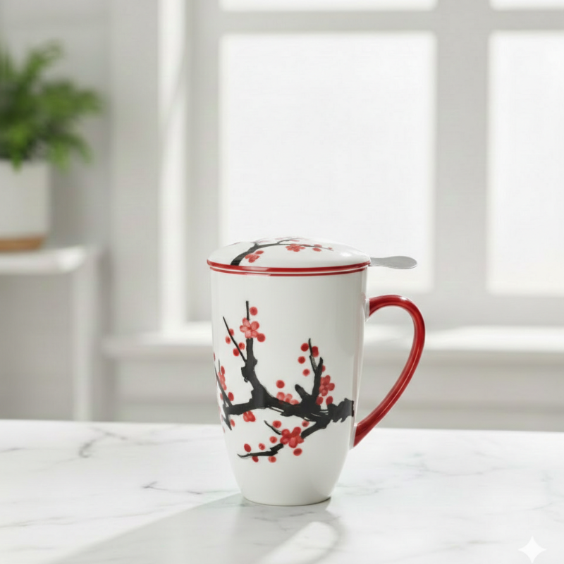 White porcelain tea mug with a red handle and lid, featuring a black and red cherry blossom branch design. The mug includes a removable stainless steel infuser basket.