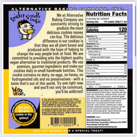 Nutrition facts label for cookies from Alternative Baking Company with branding and contact information.