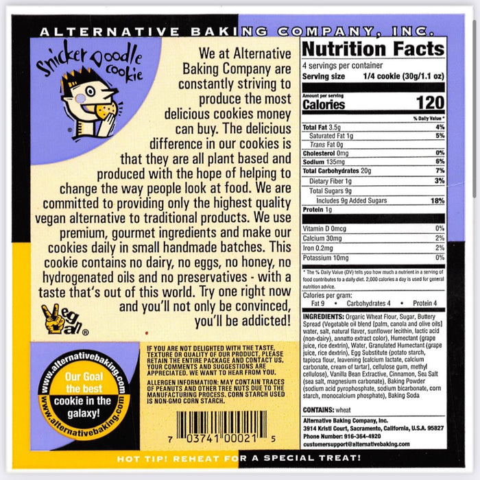 Nutrition facts label for cookies from Alternative Baking Company with branding and contact information.