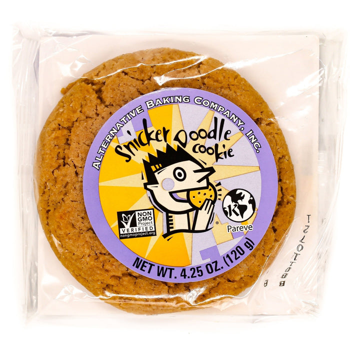 Packaged snickerdoodle cookie with a label on a white background
