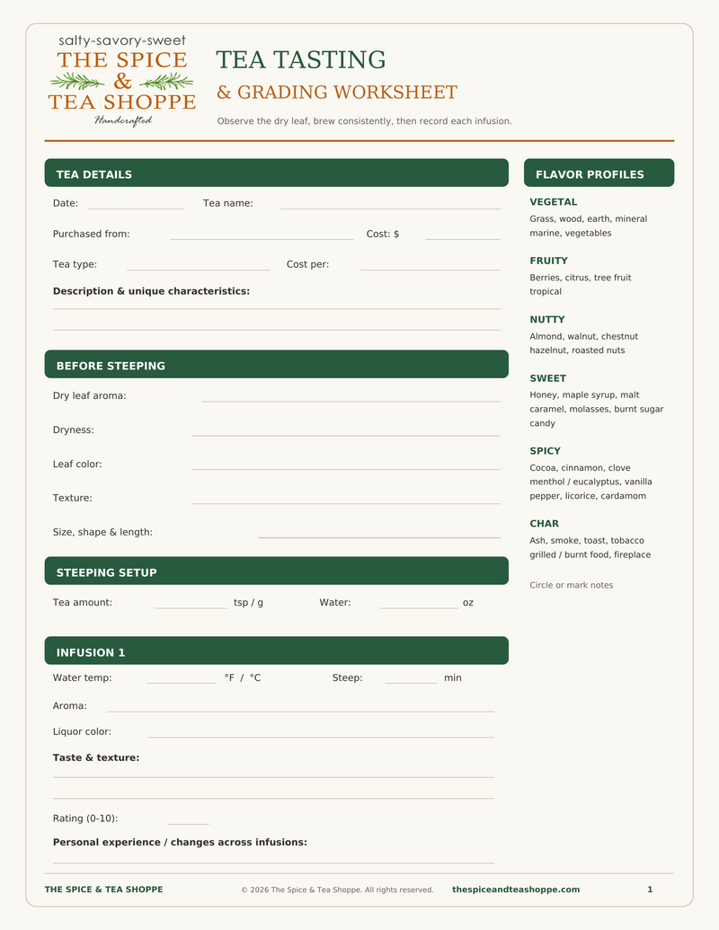 A digital preview of a tea tasting and grading worksheet template from The Spice & Tea Shoppe, featuring structured fields for tea details, flavor profiles, before steeping notes, and infusion 1 observations on a cream-colored background with dark green accents.
