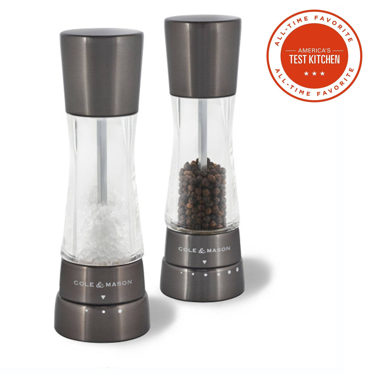 A pair of Cole & Mason Derwent salt and pepper mills in a sleek, gunmetal grey finish.