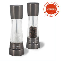 A pair of Cole & Mason Derwent salt and pepper mills in a sleek, gunmetal grey finish.