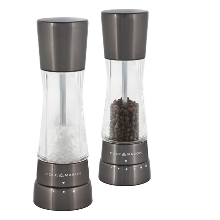 A pair of Cole & Mason Derwent salt and pepper mills in a sleek, gunmetal grey finish.