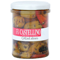 A jar of Castellino Grilled Olives, with the brand name and product title visible on the label. The Spice & Tea Shoppe