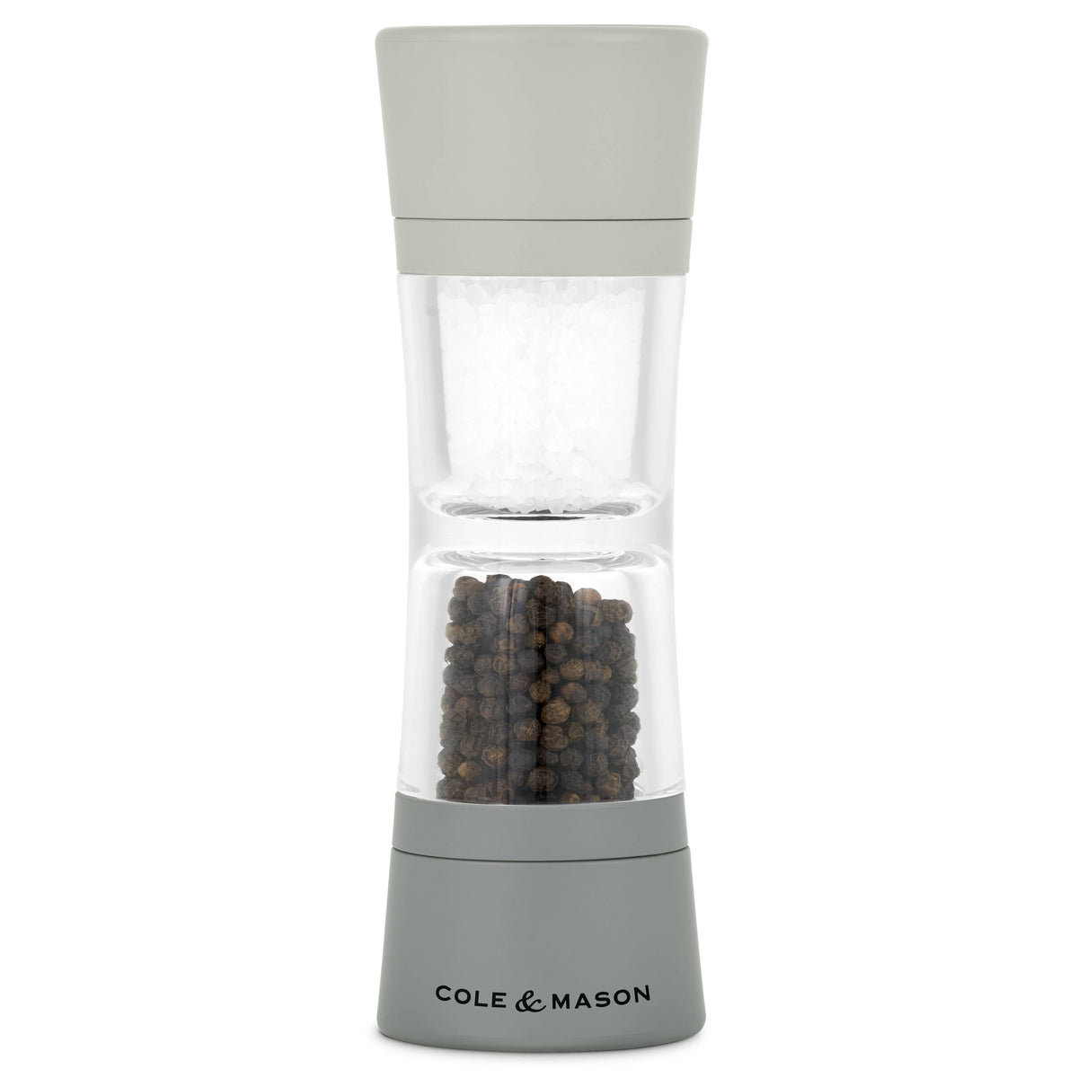 A Cole & Mason Lincoln Duo salt and pepper mill standing vertically on a on a white background