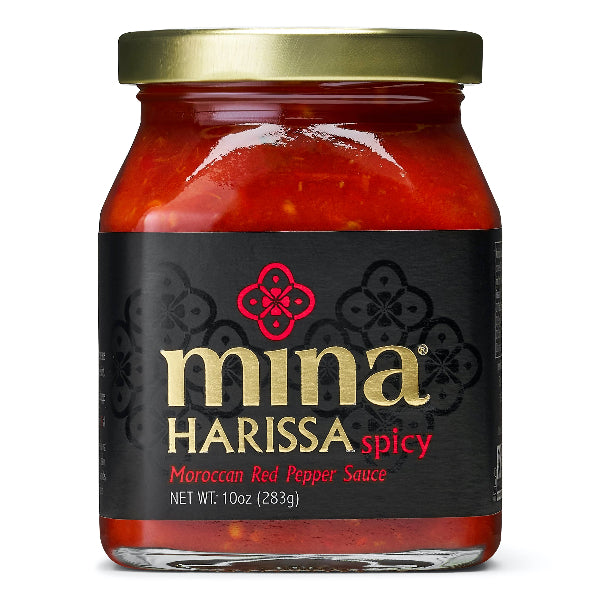 Jar of Mina Harissa spicy Moroccan Red Pepper Sauce on a white background. The Spice & Tea Shoppe