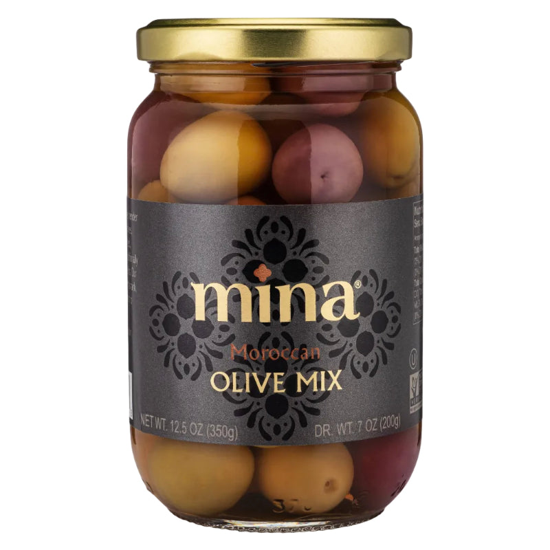Jar of Mina Moroccan Olive Mix on a white background