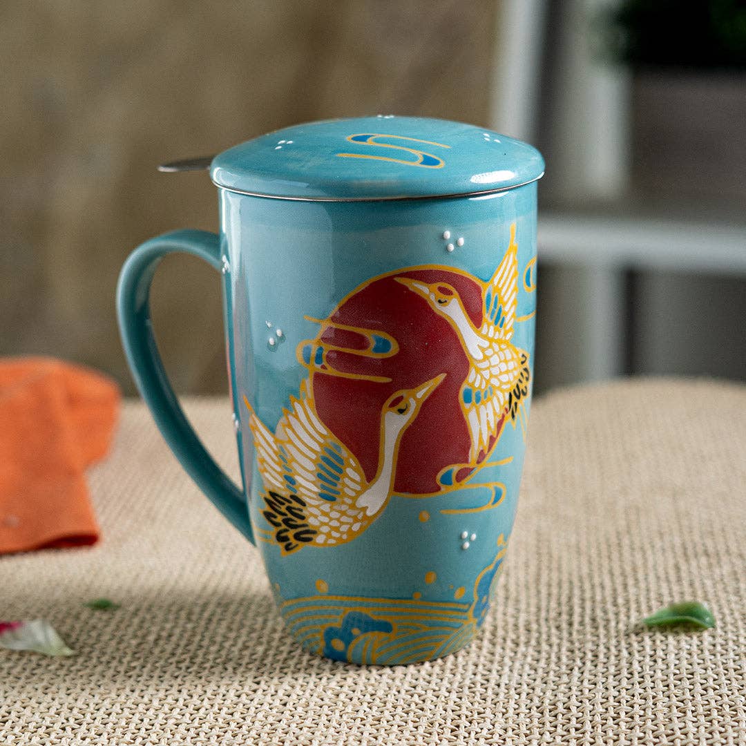 Teal Japanese Crane Mug with Infuser