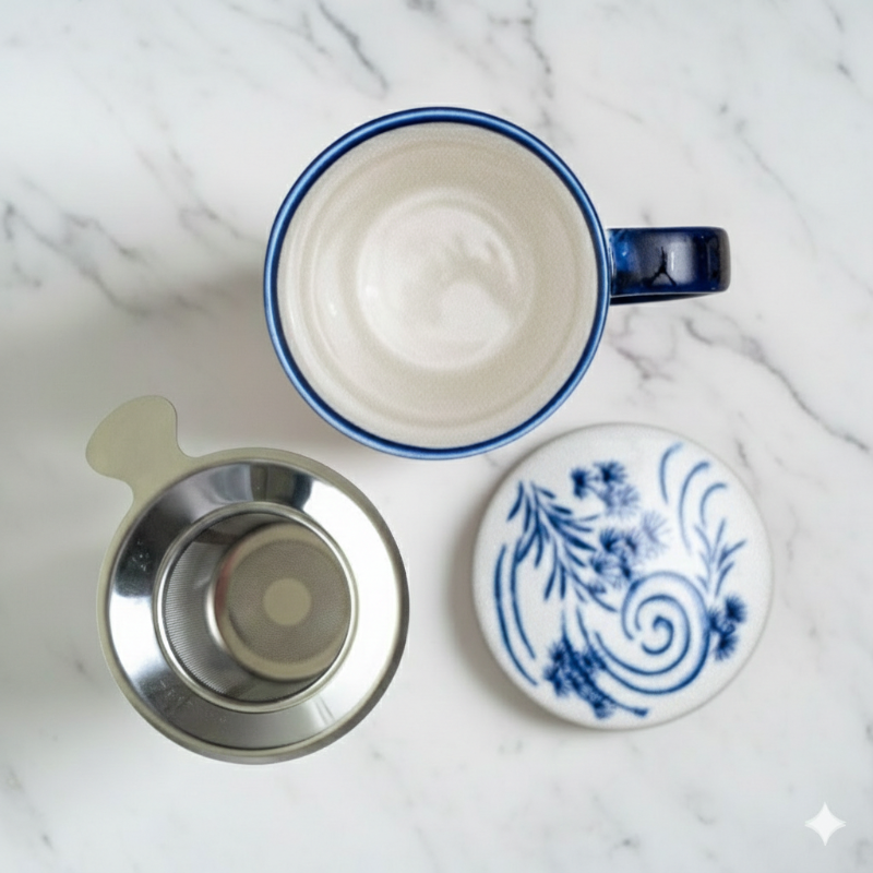 Blue mug with white interior, metal filter, and decorative lid on a marble surface